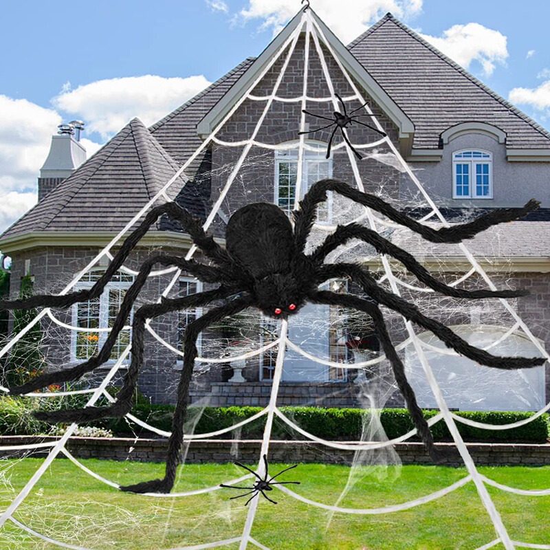Cross-border Halloween spider web triangle net simulated large spider plush spider haunted house decoration props Cross-border Halloween spider web triangle net simulated large spider plush spider haunted house decoration props