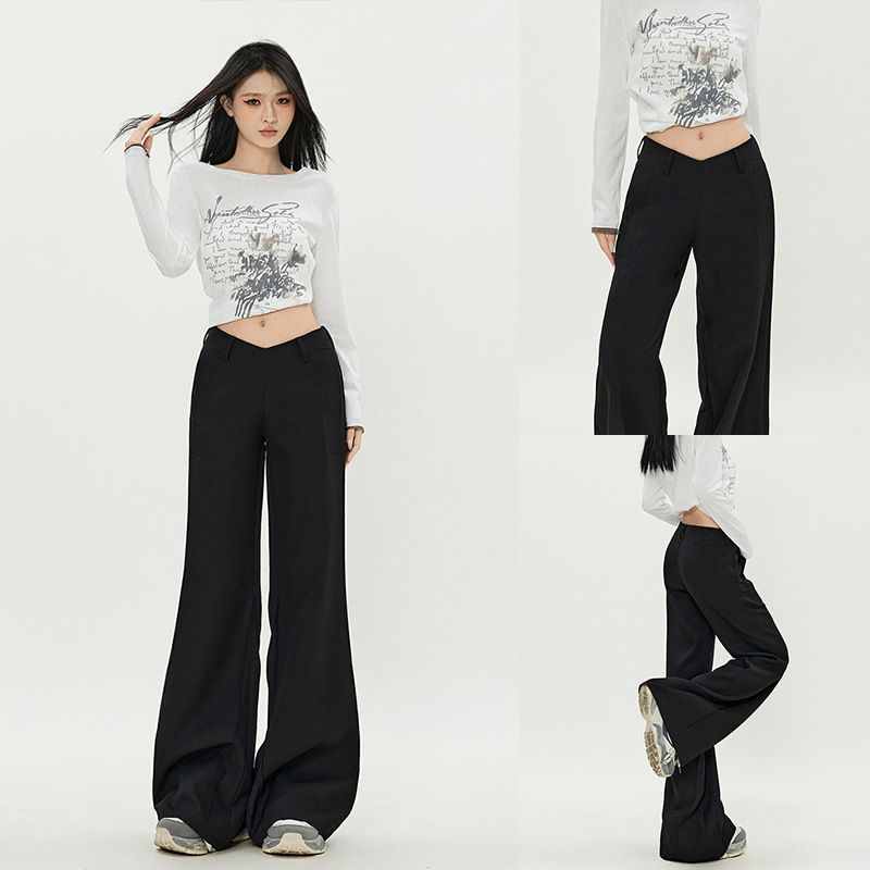 Shuoshuo American-Style Black Low-Waist Slightly Flared Suit Pants for Women, New Model, Non-Tight-Fitting, Drapey, Solid Color, Wide-Leg, Floor-Length Pants Shuoshuo American-Style Black Low-Waist Slightly Flared Suit Pants for Women, New Model, Non-Tight-Fitting, Drapey, Solid Color, Wide-Leg, Floor-Length Pants