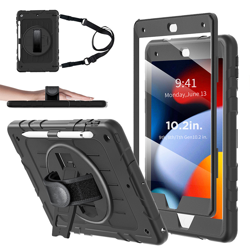 iPad 7Th Generation 8Th Generation 9Th Generation 10.2-Inch 360-Degree Turntable with Hand Strap and Shoulder Strap Tablet Protective Cover Silicone Case