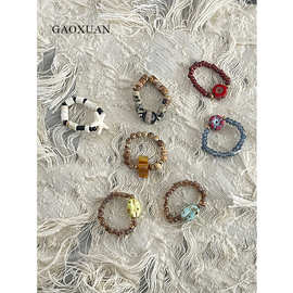 新中式古风禅意毕加索斑驳捷克珠戒指个性复古设计感弹力线指环女