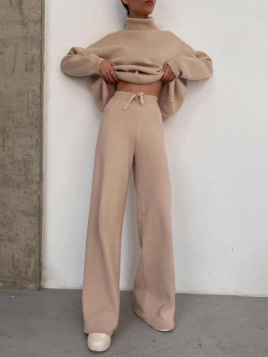 Women's Clothing long sleeved brown temperament wide leg pants fashionable loose high necked casual two piece sweatshirt_voghion.com