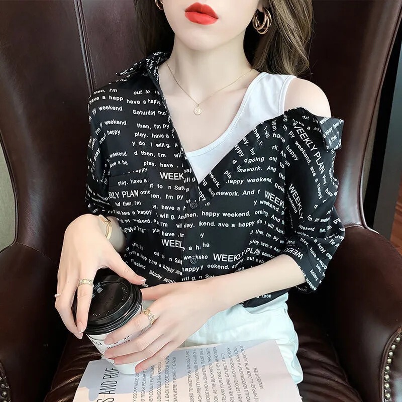 Fake Two-Piece Chiffon Shirt Short-Sleeved T-Shirt Women's Summer French Elegant Shirt Off-Shoulder Top Polo Collar Shirt