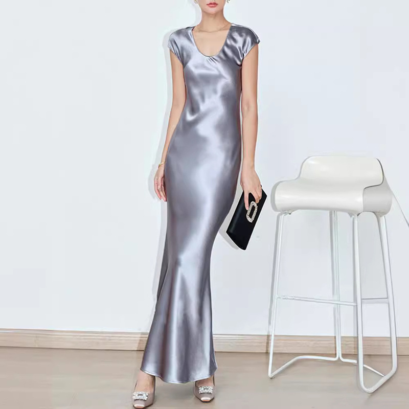 Stunningly Beautiful! Heavyweight Acetate Satin Dress with 45-Degree Bias Cut U-Neck, Long Acetate Satin Dress with a Draping and Structured Silhouette