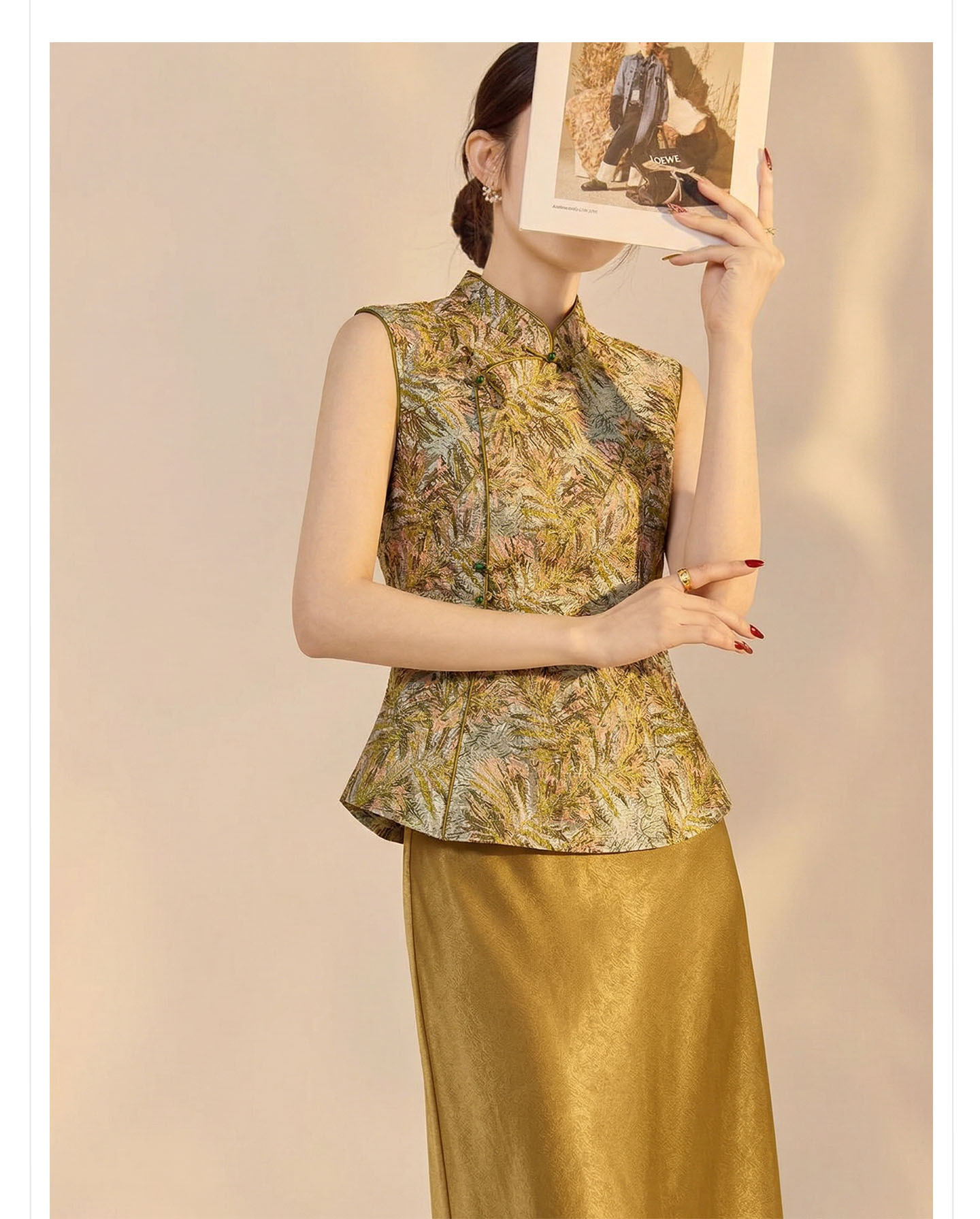 Set áo gi-lê không tay cổ đứng + chân váy midi jacquard phong cách Trung Quốc mùa hè — Màu xanh lá cây nửa váy, vàng nửa váy, Áo khoác xanh chi tiết 6
