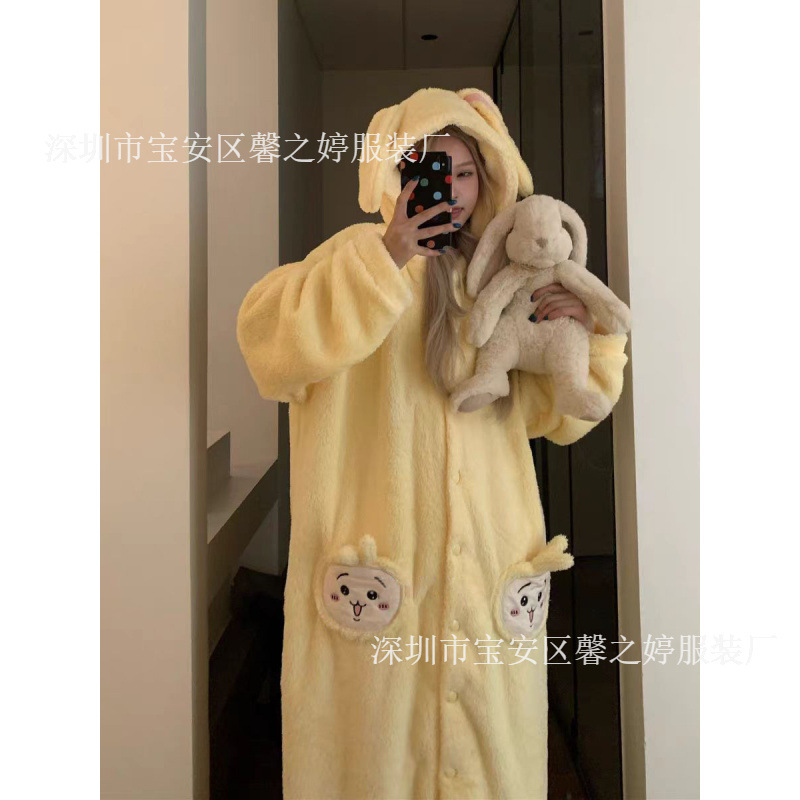 乌萨奇奶黄色睡衣女秋冬款加绒加厚珊瑚绒法兰绒保暖家居睡袍长款