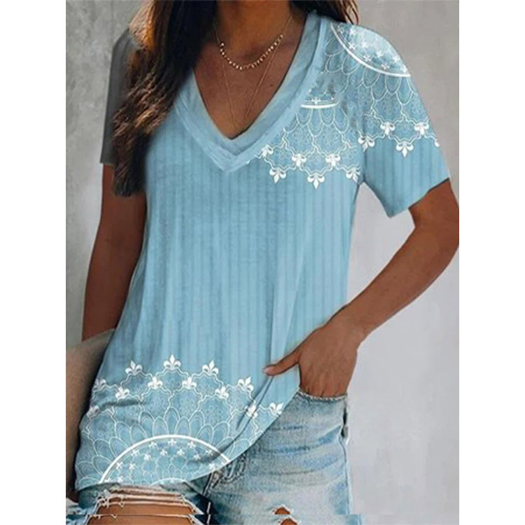 T-shirt Tops Type Daily Occasion V Neck Neckline Wholesale Women'S Casual Geometric Color Block Short Sleeve Printing T-Shirts