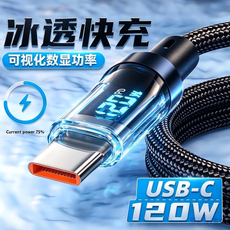 type-c数显超级快充120W发光数字显示适用苹果华为荣耀小米全兼容