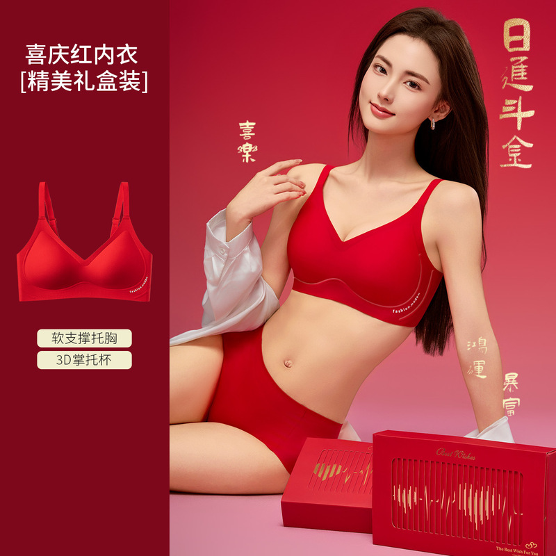 2027 Year of the Sheep, Red Seamless Wedding Underwear for the Zodiac Year, National Day Wedding, New Year Bra Set for Women 2027 Year of the Sheep, Red Seamless Wedding Underwear for the Zodiac Year, National Day Wedding, New Year Bra Set for Women