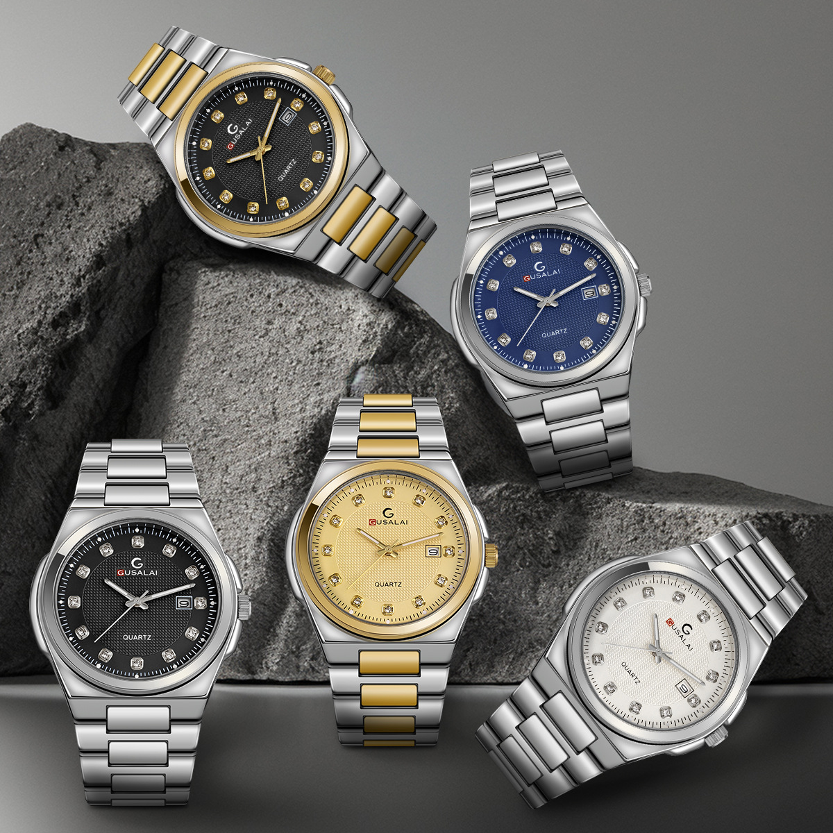 Gusalai Cross-Border Business Luxury Diamond-Encrusted Luminous Needle Calendar Dial Men's Waterproof Quartz Steel Band Watch