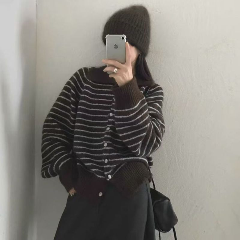 松弛感经典条纹休闲翻领针织开衫女秋冬设计款慵懒宽松毛衣外套厚|undefined