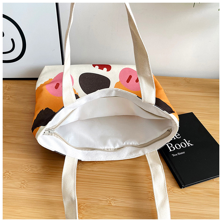 Women's Large Canvas Dog cat mit Cute Sewing Thread Square Zipper Canvas Bag display picture 2