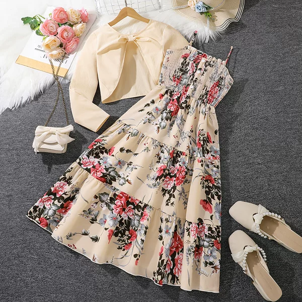 cuhk children's suit foreign trade girls children's clothing spring new sweet floral strap dress long sleeve coat wholesale