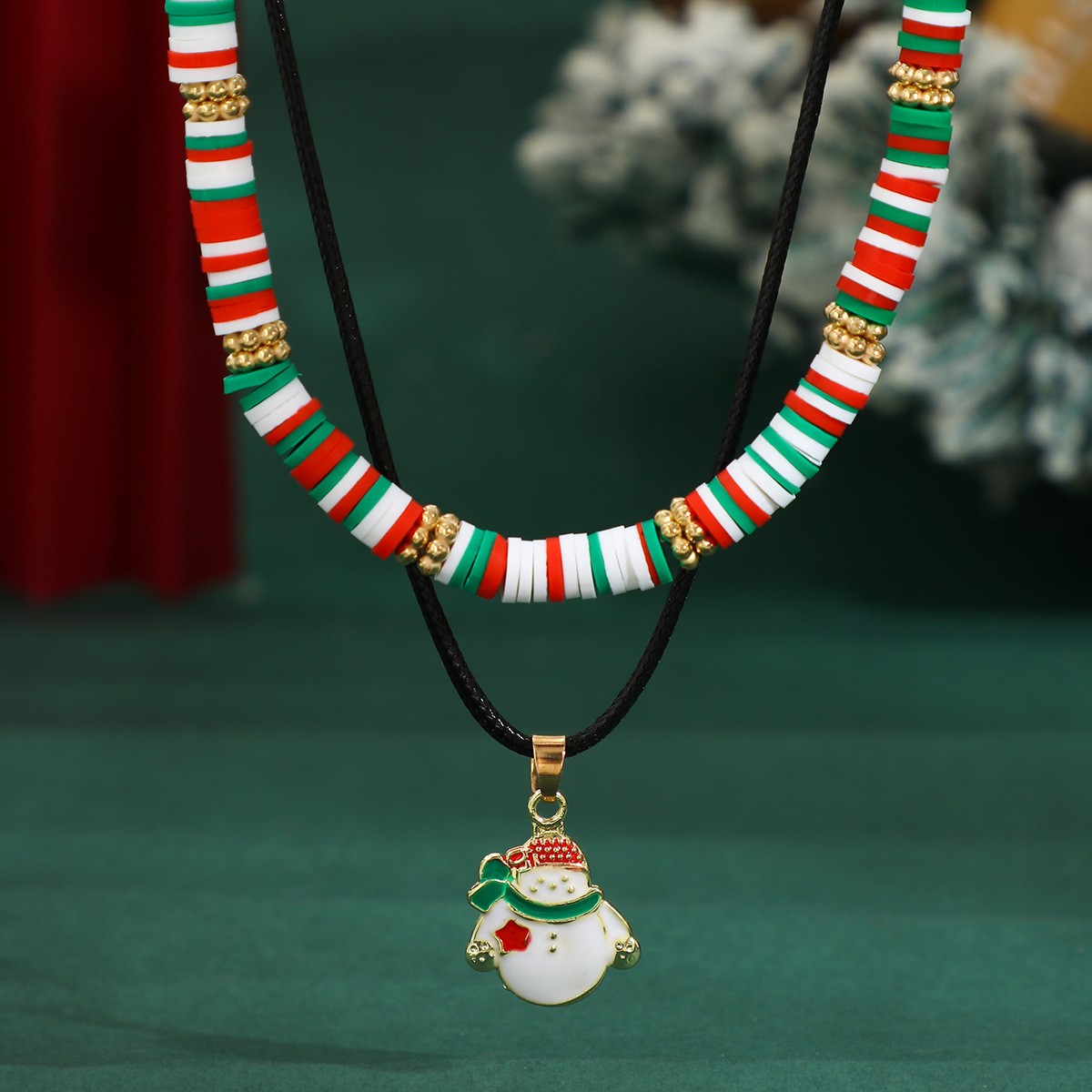 Christmas Beaded Choker Necklace With Crystal Snowman Charms_voghion.com