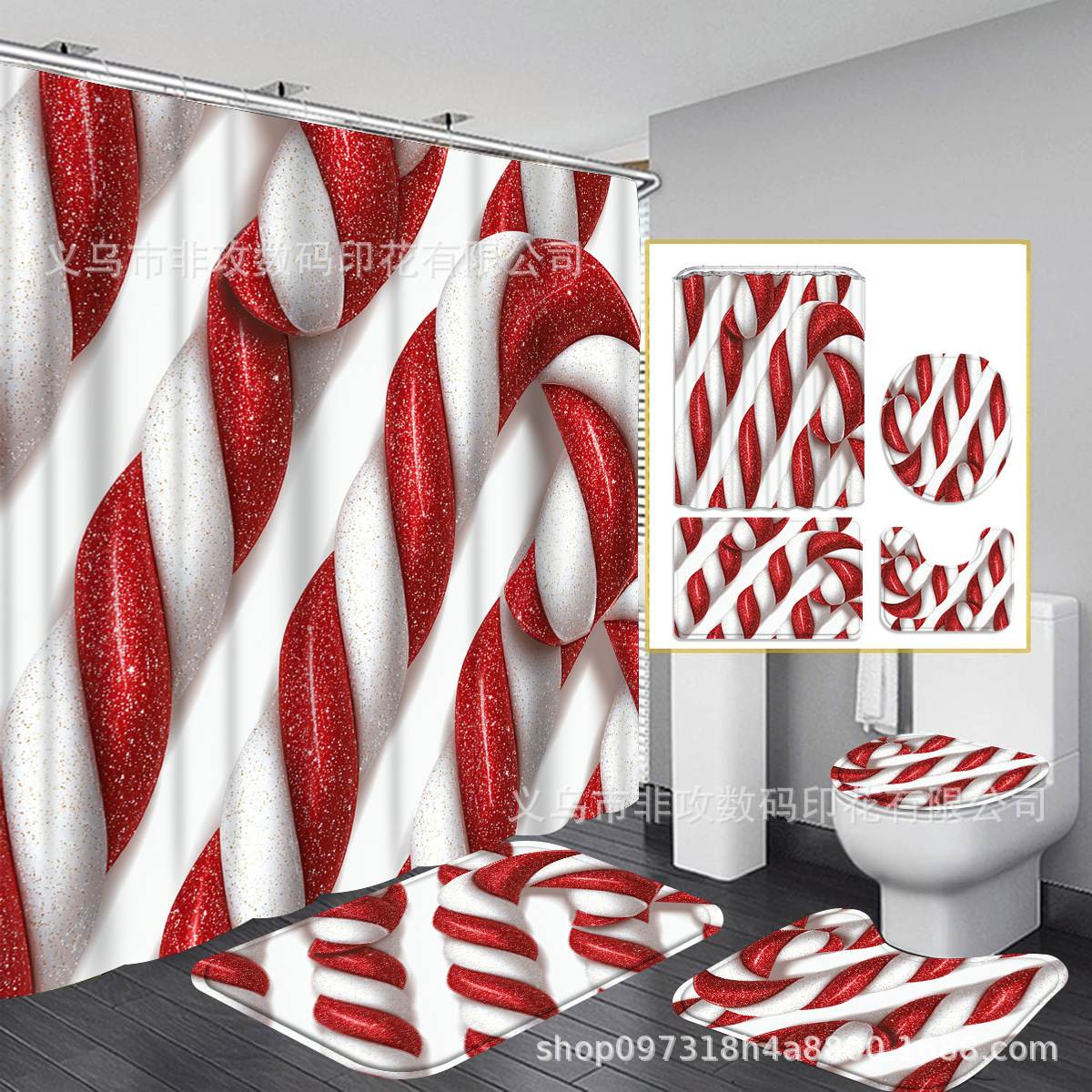 Fabricantes de fuente transfronteriza de comercio exterior cortina de baño de impresión paisajística cuatro piezas de baño cortina de baño impermeable antideslizante conjunto personalizado
