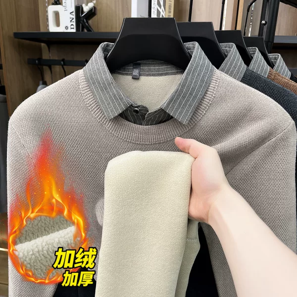 Winter faux two-piece fleece-lined sweater for men, light luxury, high-end casual, thickened, warm, chenille base layer knitwear