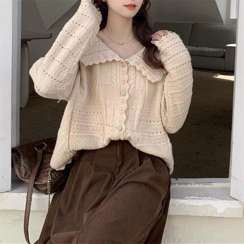 Viento suave muñeca collar suave de cera de punto cardigan femenino 2024 primavera y otoño nuevo dulce flojo suéter chaqueta femenina