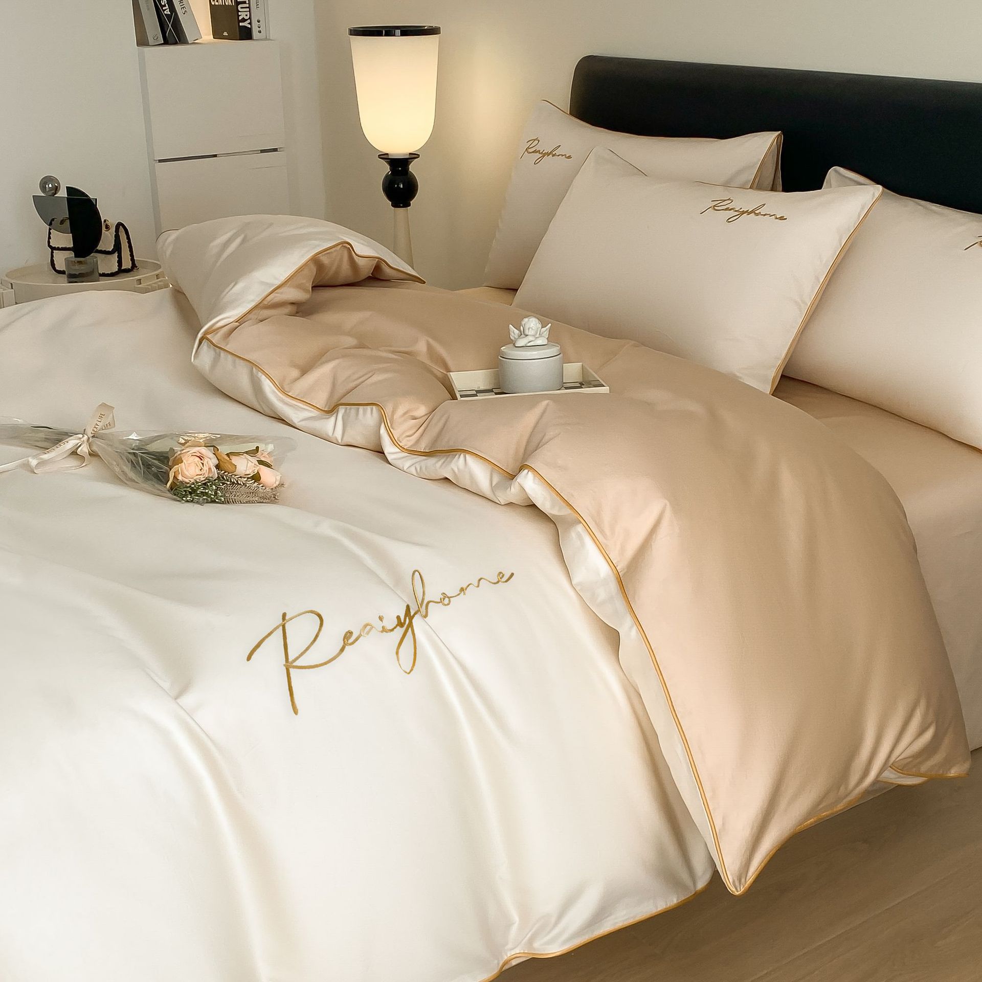 Batido de té con leche blanca [tejido de algodón para dormir desnudo agradable para la piel] / Estilo de sábana de 0,9-1,2 m [funda de edredón: 150*200cm] juego de tres piezas
