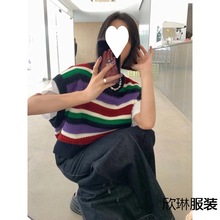 系彩色条纹背心针织甲女新款欧货慵懒打底衫无袖上衣