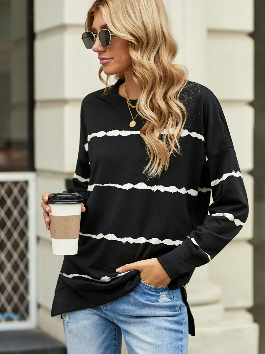 European and American Plus Size Hoodless Striped Printed Sweat Women's European and American Cross-border Loose Long-sleeved Round Neck Top 2531357