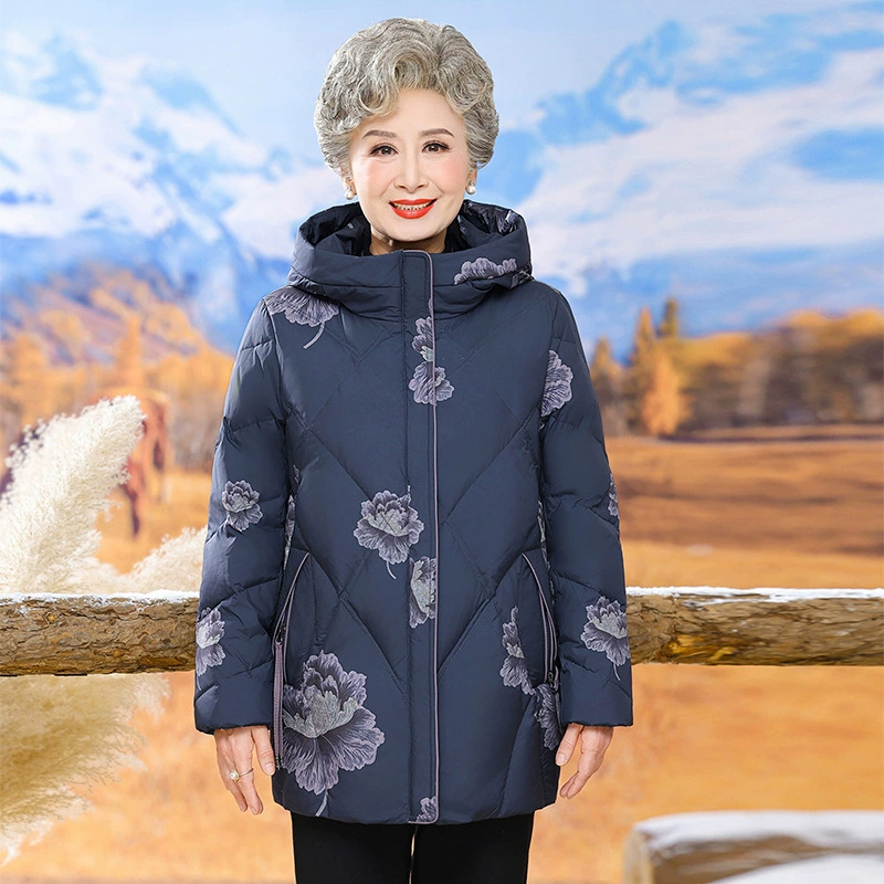 2024 зимний новый средний и пожилой иностранный стиль бабушка средняя и длинная одежда мама национальный стандарт 90 белая утка бархатная куртка