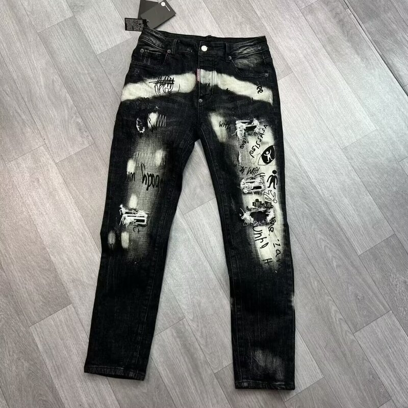 Light Luxury D2 High Version Men's Jeans with Splatter Ink, Slim Fit, Printed Trendy Brand Graffiti, Faux Ripped Holes, and Stretch Patches