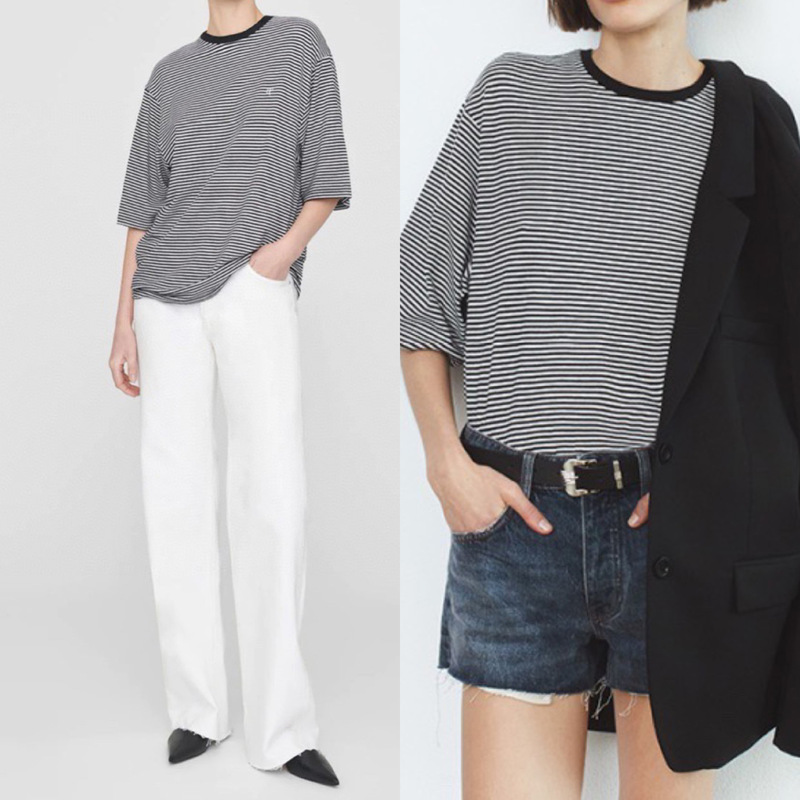 26 Early Spring New Ab Aesthetic Striped Embroidered Color-Woven Striped Loose Casual Round Neck Oversized Short Sleeve T-Shirt