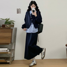 大码女装2025早秋超火搭配一整套条纹衬衫叠穿藏蓝色卫衣裙两件套