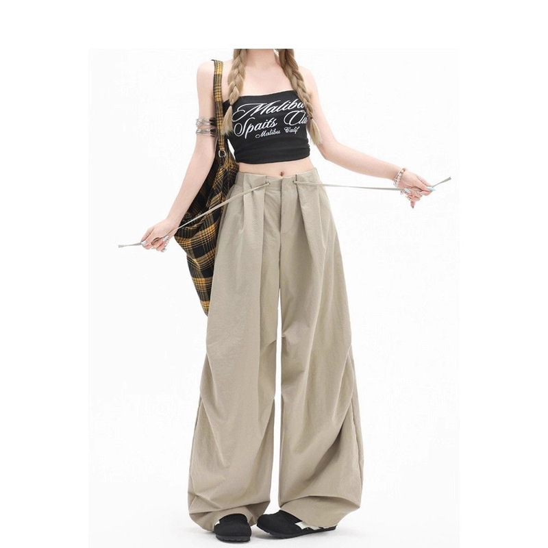 Old Money Style Design Wide-Leg Casual Pants for Women, Spring and Autumn High-Waisted Drawstring Relaxed Fit Sports Workwear Trendy Women's Pants