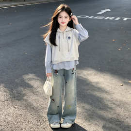 女童春秋套装2026女孩假两件卫衣牛仔裤两件套中大童童装一件代发