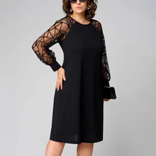 欧美2025新款女士蕾丝拼接圆领长袖袖气质休闲大码连衣裙女装