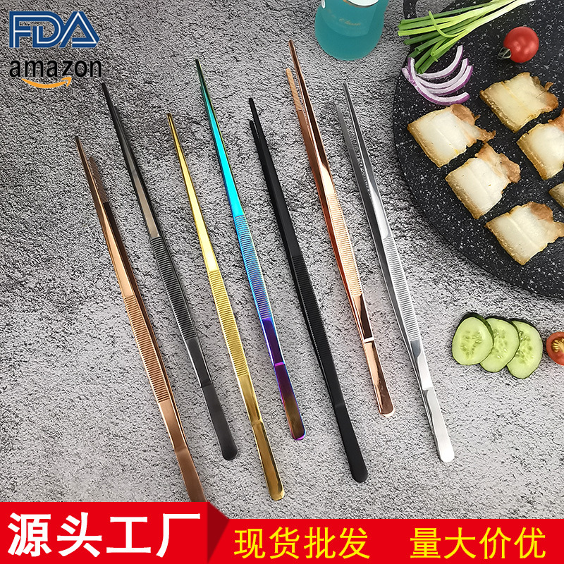 工厂现货高档12寸烧烤夹烤肉304不锈钢镊子30cm摆盘酒吧食物夹