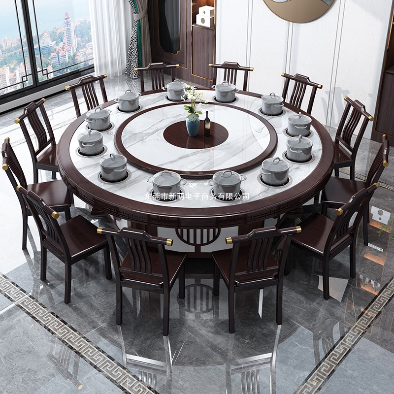 Modern Large Round Table with Rotating Tray, Simple Hotel-Style Dining Table, Electric Dining Table with Stone Top, Other New Chinese-Style Tables for Cross-Border Sales