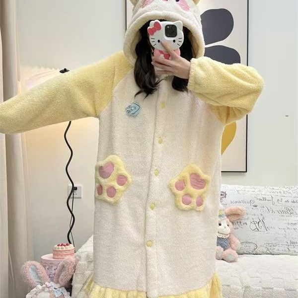 秋冬季保暖连帽睡袍卡通可爱小猫咪珊瑚绒睡衣女美少女外穿家居服|undefined