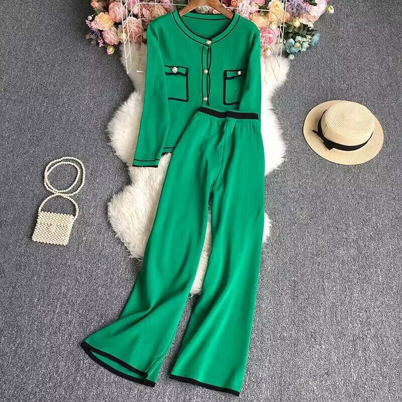 Damenbekleidung, modischer, lässiger Strickanzug für Herbst und Winter, langärmeliges Strickjackenoberteil, weite Hose, zweiteiliges Strickset für Damen_voghion.com