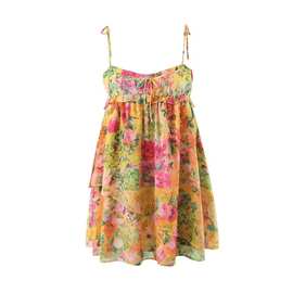 双肩系带连衣裙法式小众木耳边胸前系带拼色碎花海边度假吊带短裙