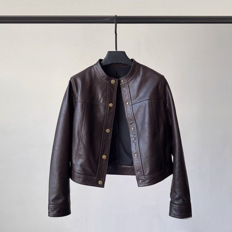 Haining leather jacket, short style, 2025 autumn new model, loose, casual, fashionable, round-neck leather jacket, biker jacket for petite individuals