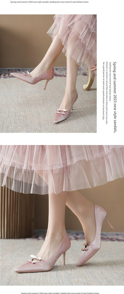 Giày cao gót nữ mũi nhọn gót mảnh 6–8 cm, thiết kế hai nơ đính đá pha lê, giày cưới phù dâu dự tiệc — Màu hồng, Màu đỏ rượu, màu đen chi tiết 9