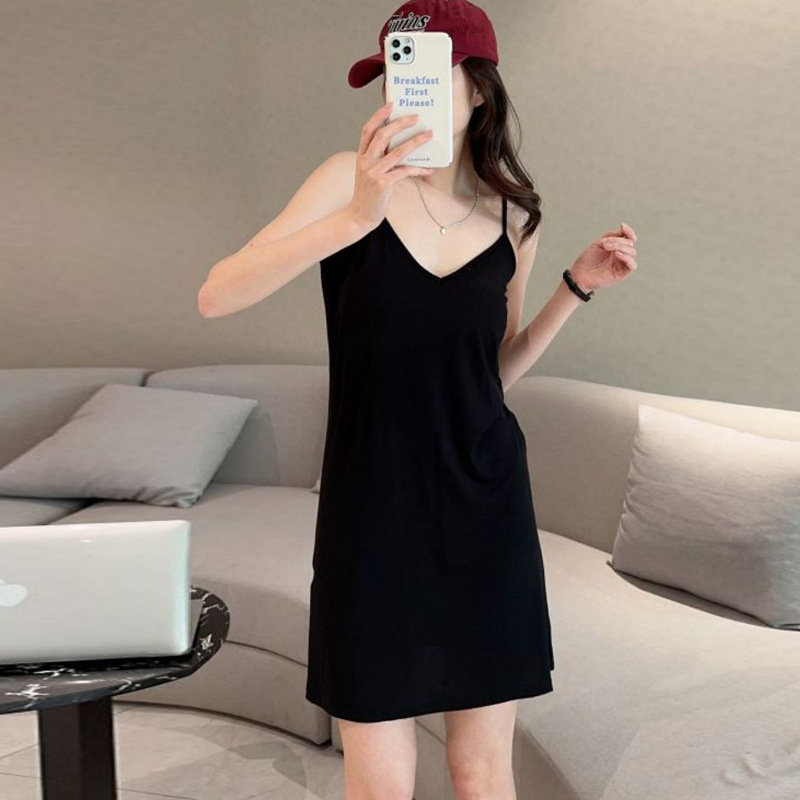 Modal Camisole Dress with Chest Pads for Women, Summer Integrated Cup Design, Versatile Base Layer, Mid-Length Dress