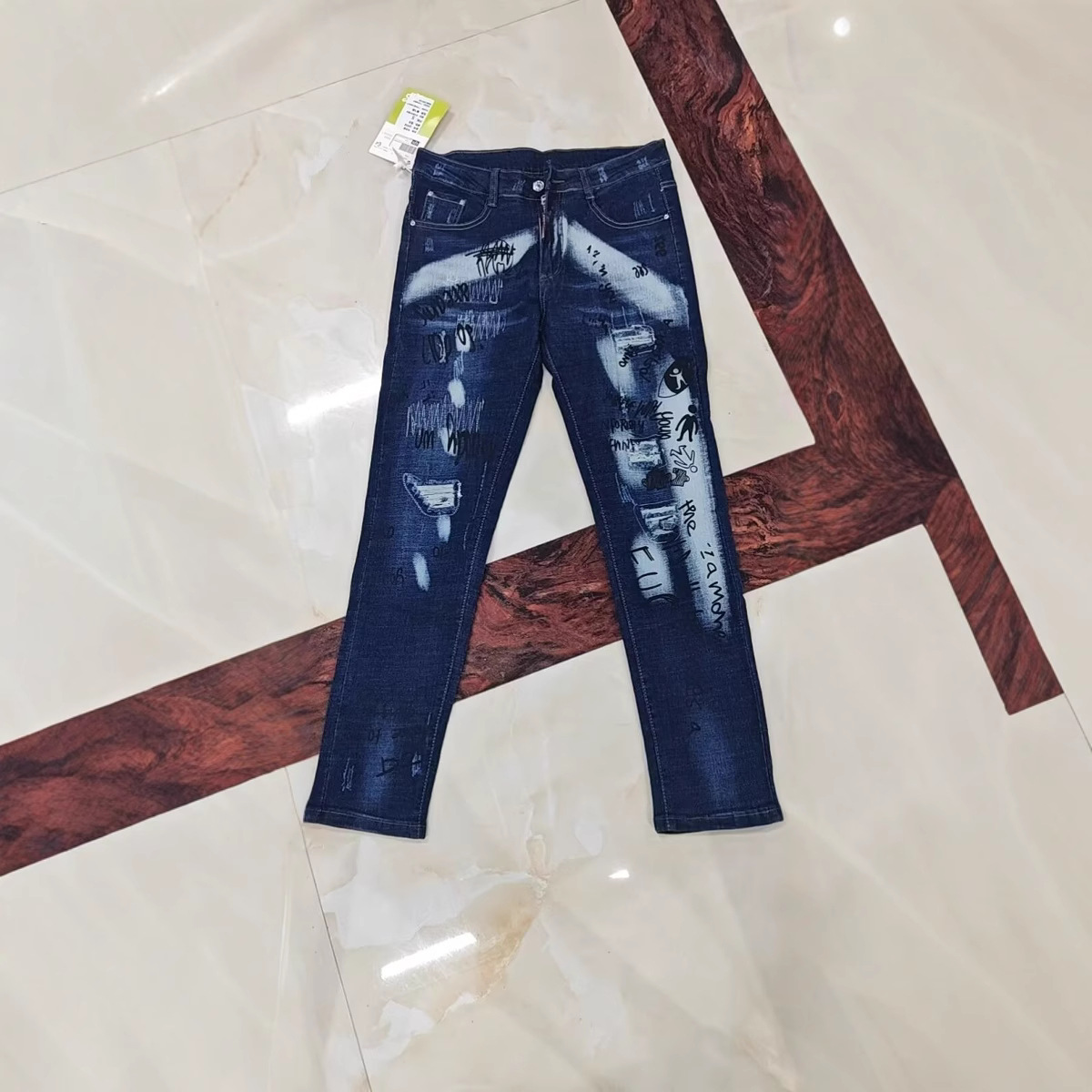 boy 2025 Summer New Cross-Border Inkjet Stretch European And American Men's Jeans Washed Distressed Patched Trendy Brand_voghion.com
