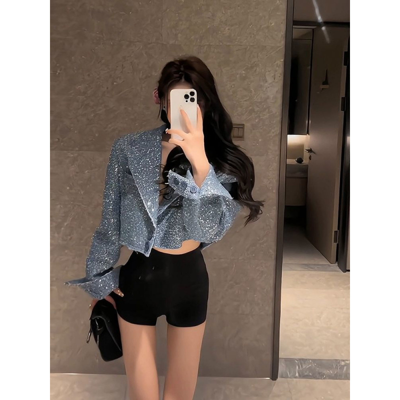 Chic street style anti-aging sequin little black dress women's 2025 autumn new French temperament petite upper garment