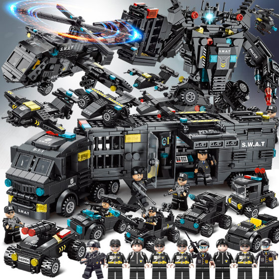 Compatible with Lego Building Blocks Assembled Toys Educational Boys Children Intelligence Small Particle Deformation Car Special Police Baby