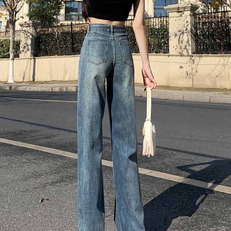 高腰直筒牛仔裤女2025年新款夏季宽松垂感小个子窄版拖地阔腿裤子