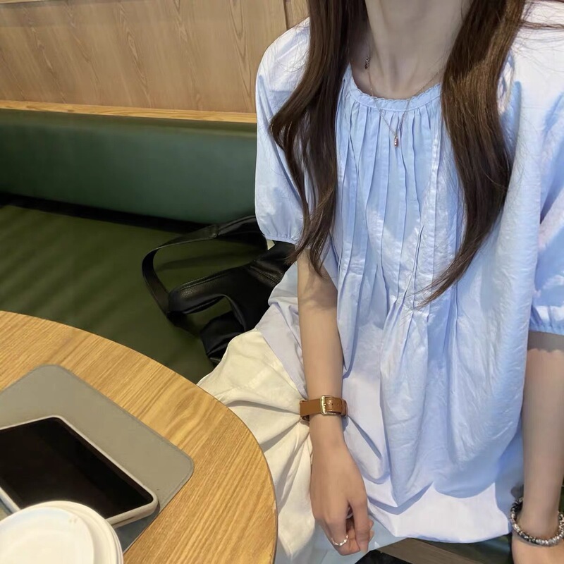 French-Style Pleated Blue Short-Sleeved Shirt for Women, Unique and Beautiful Summer Blouse, Loose and Slimming Babydoll Top