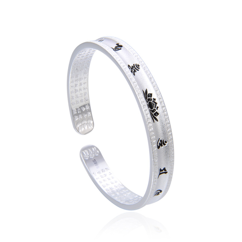 S999 plata pura loto tallado pulsera de plata esterlina para las mujeres estilo étnico retro temperamento amplia superficie sólida madre estilo pulsera de plata