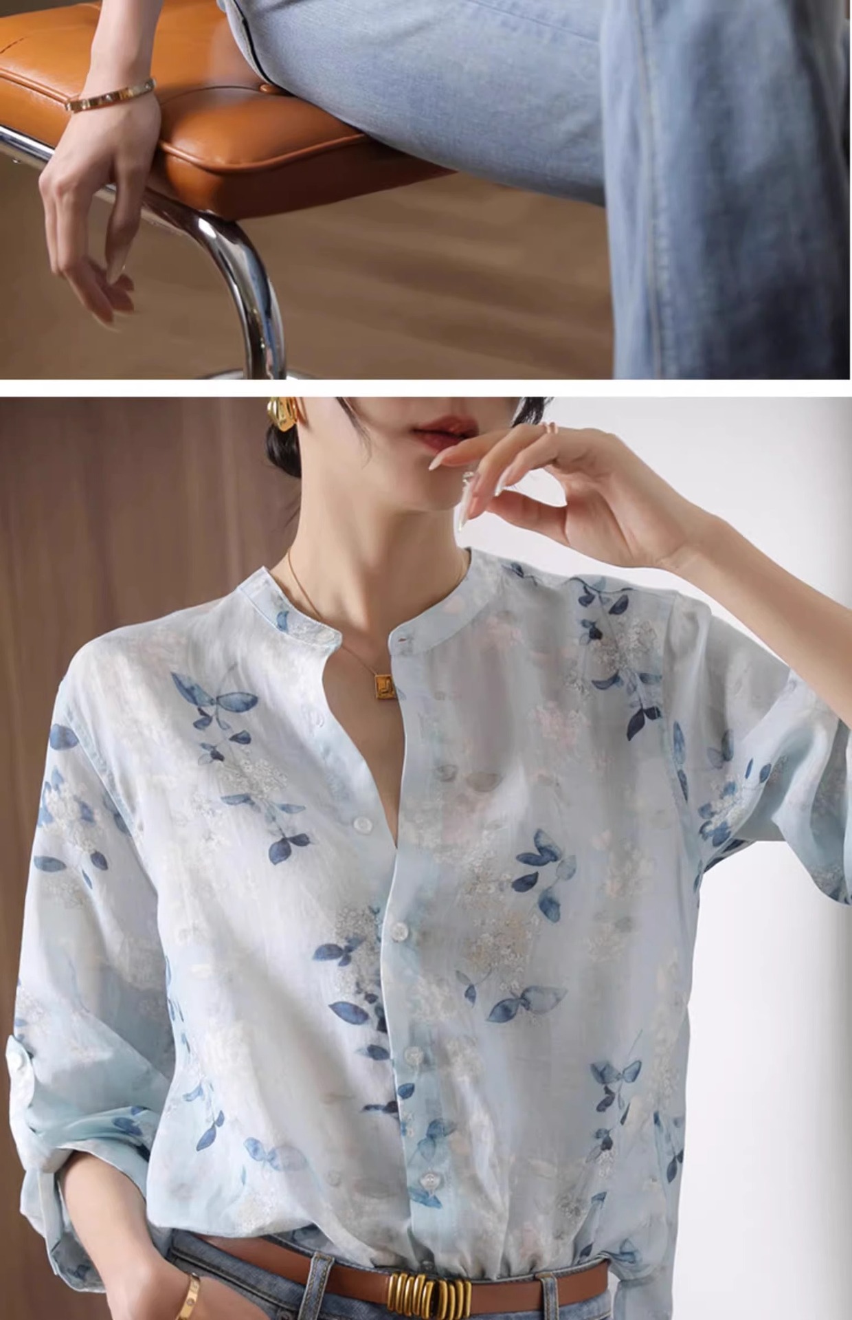 Áo sơ mi cotton in họa tiết tay lỡ nữ kiểu Chanel tôn dáng — Màu xanh da trời chi tiết 2