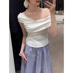 ホワイトオフショルダー鎖骨半袖Tシャツレディース夏新作タイトフィットシャツPure Desire Hot Girlショートワンショルダートップ