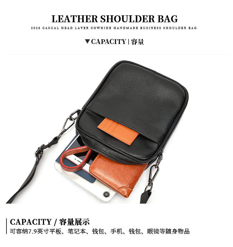 Túi đeo chéo nam da bò lớp đầu dáng đứng vuông 18×5×21 cm — Da thật màu cà phê cỡ nhỏ, Da thật màu đen cỡ lớn chi tiết 14