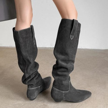 2025秋季新款不过膝复古褶皱尖头堆堆靴女套筒低跟百搭显瘦长靴女
