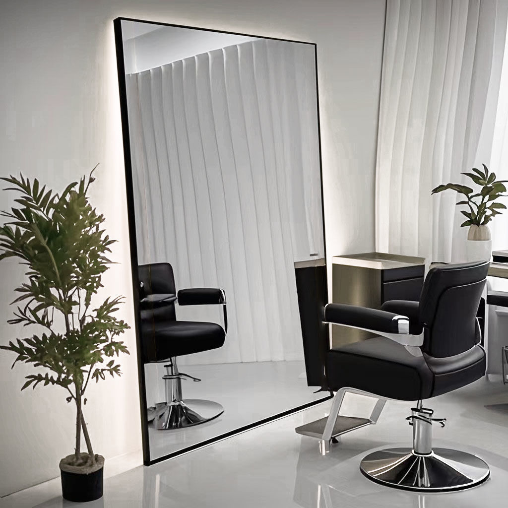Barbería espejo salón especial de corte de pelo piso salón de espejo mesa de aleación de aluminio simple y doble cara con lámpara espejo barbería