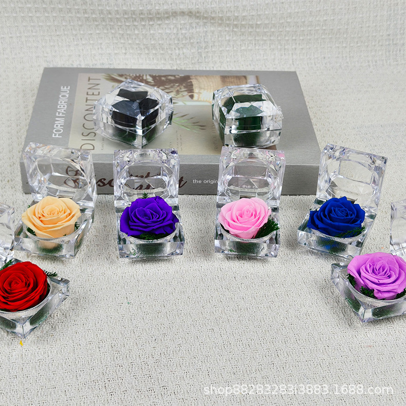 永生花戒指透明亚克力玫瑰花情人节七夕永生花礼盒送女有求婚戒指